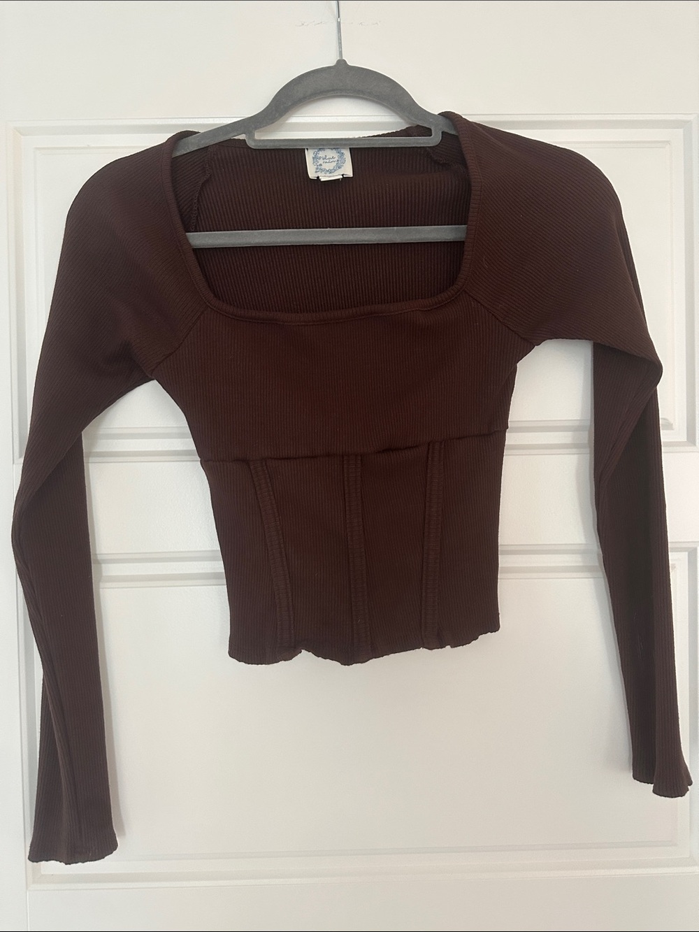 Altar'd State Chocolate Brown Ribbed Square-Neck Long Sleeve Crop Top